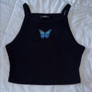 SHEIN Black Crop Top with Vibrant Blue Butterfly